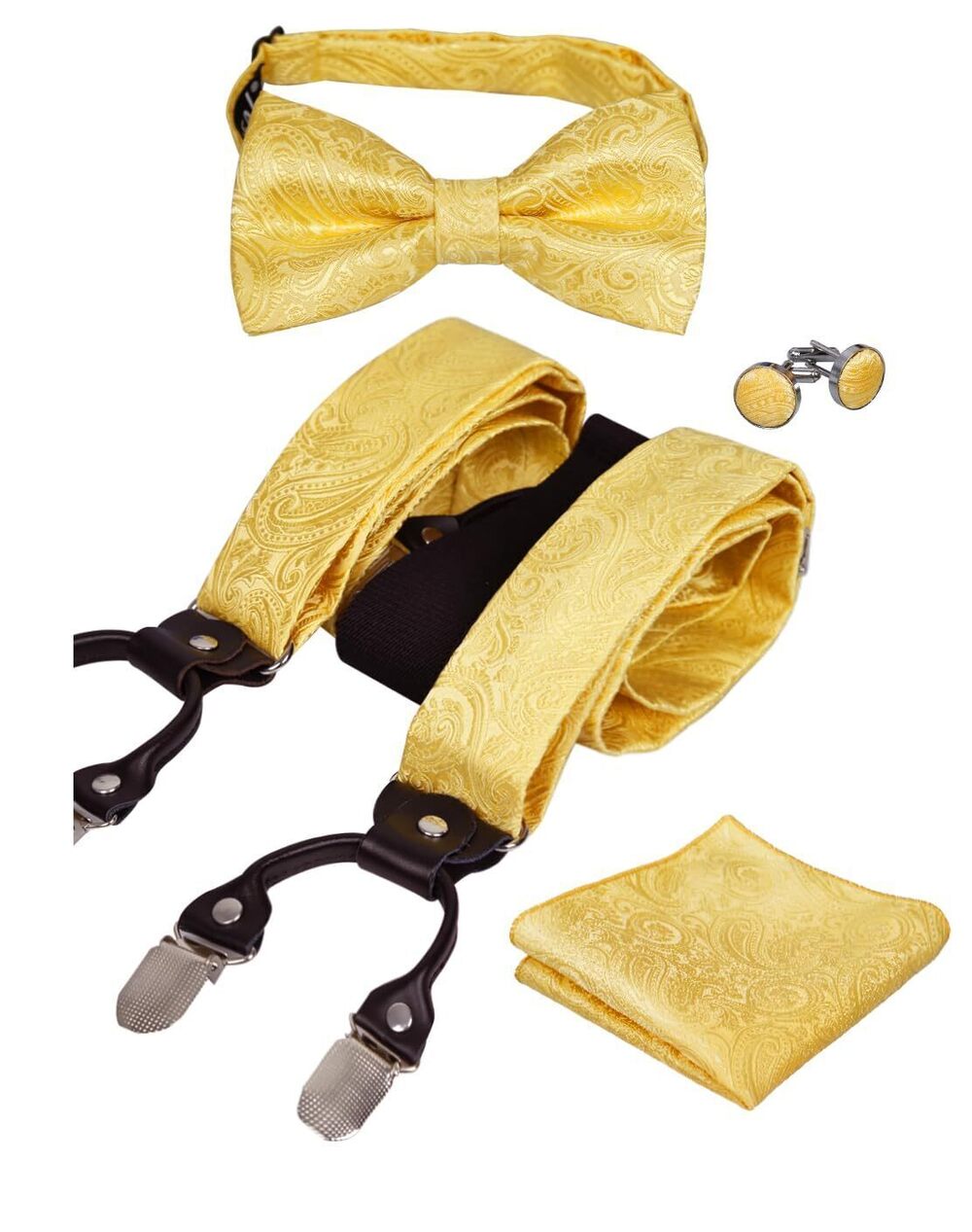 7999 Paisley Suspender and Bow Tie, Hanky, CufflinksGolden